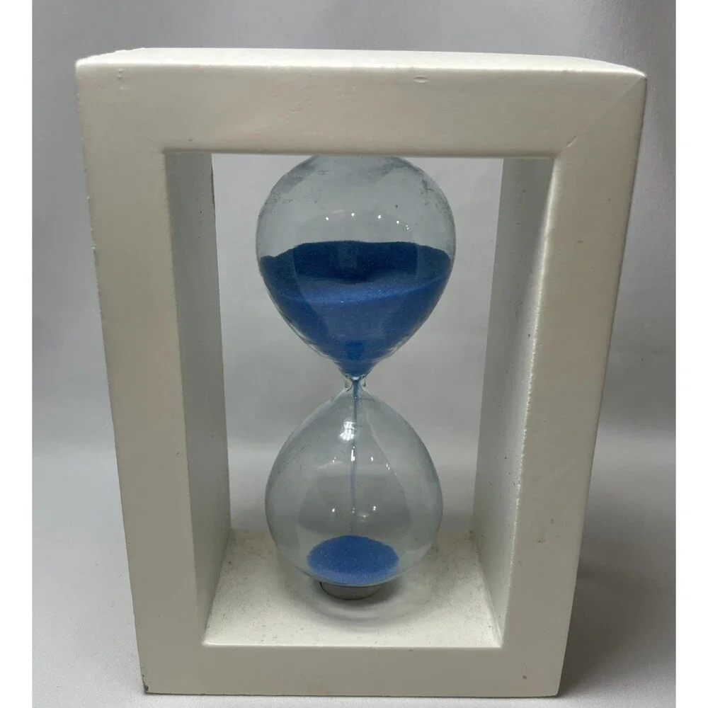 Vintage Blue Sand Timer Hourglass White Wood Frame Desk Kitchen Decor